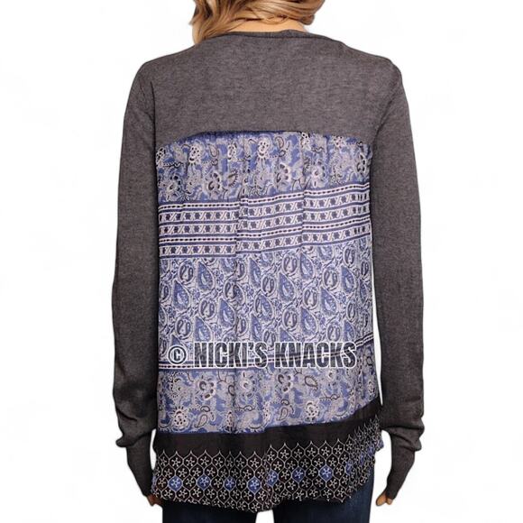 Subtle Luxury Cashmere Silk Cardigan Gray Button Front Boho Print Back Size XS/S - Picture 7 of 11